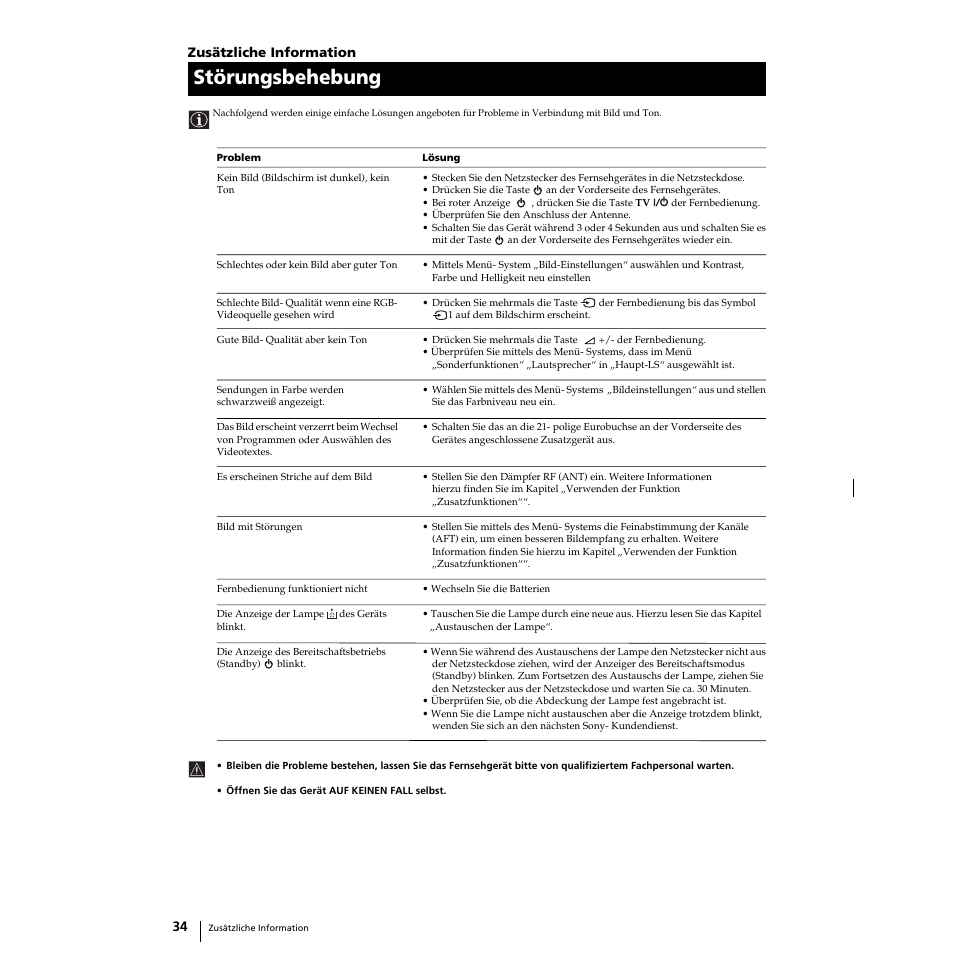 Störungsbehebung | Sony Grand Wega KF-50SX100 User Manual | Page 133 / 230
