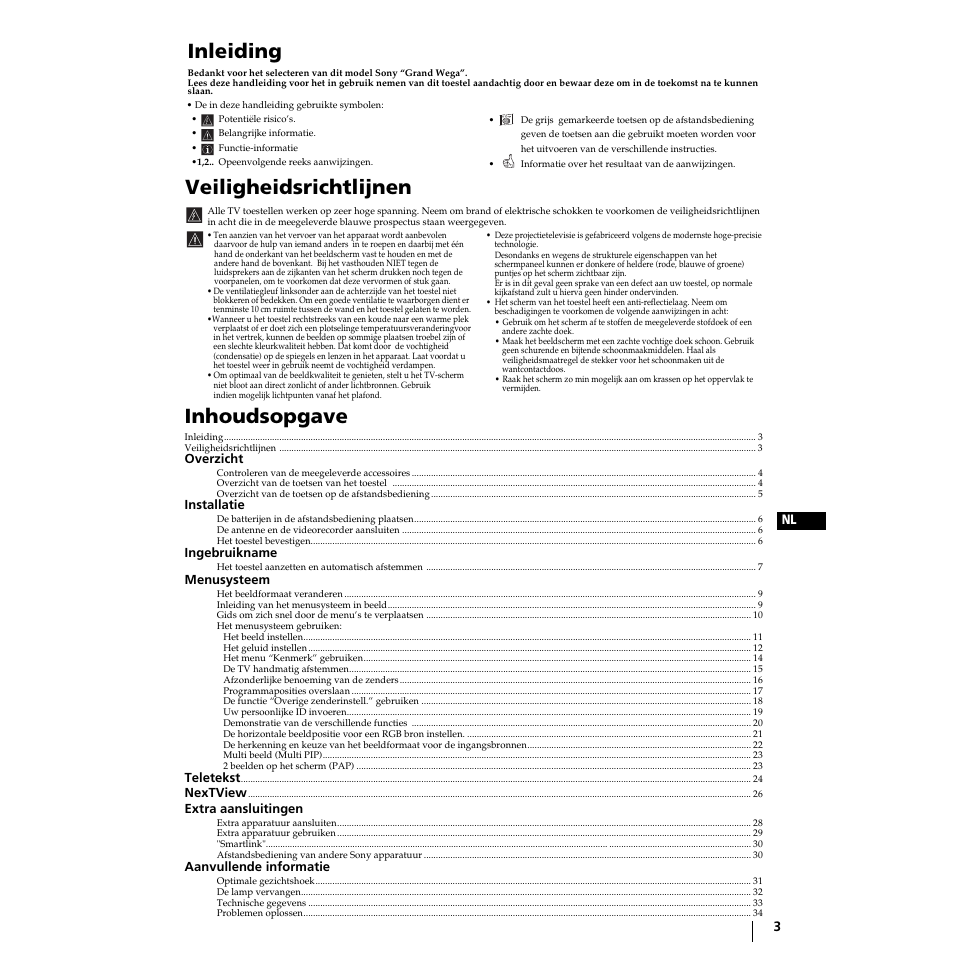 Inleiding, Veiligheidsrichtlijnen, Inhoudsopgave | Menu k | Sony Grand Wega KF-50SX100 User Manual | Page 134 / 230