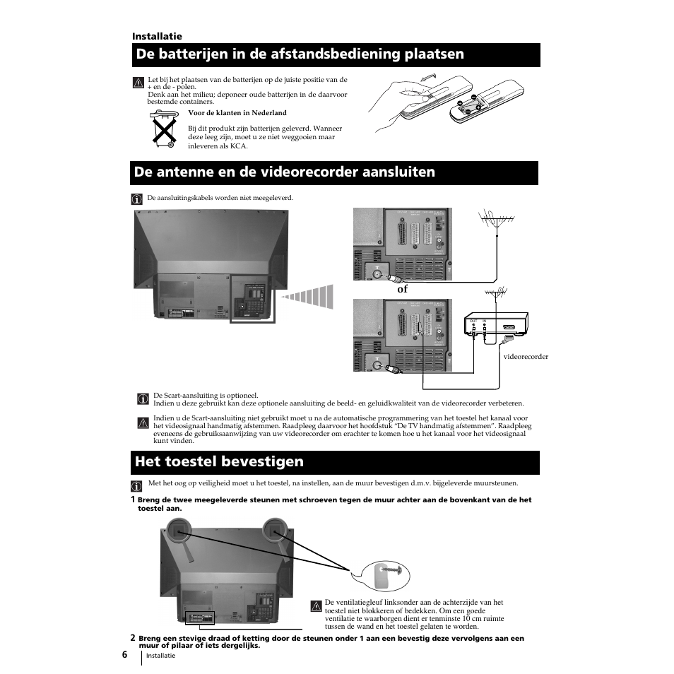 De batterijen in de afstandsbediening plaatsen, De antenne en de videorecorder aansluiten, Het toestel bevestigen the set | Sony Grand Wega KF-50SX100 User Manual | Page 137 / 230