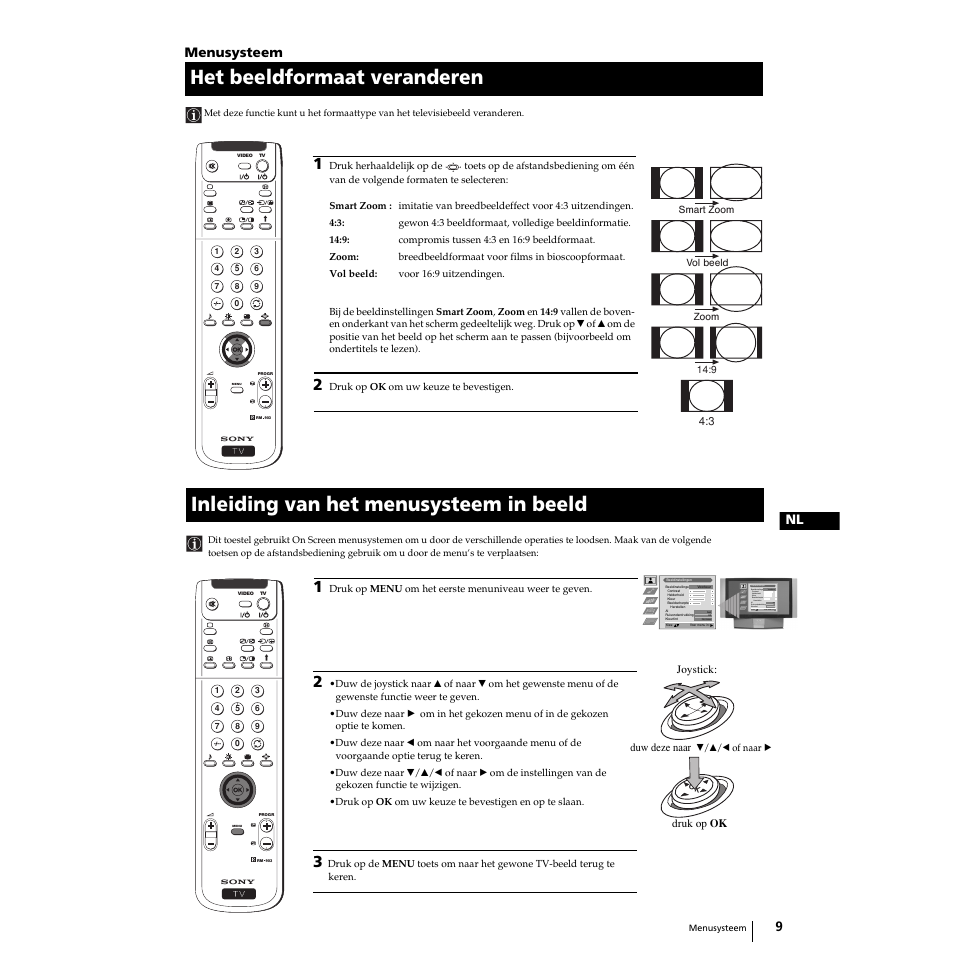 Het beeldformaat veranderen, Inleiding van het menusysteem in beeld, Menusysteem | Sony Grand Wega KF-50SX100 User Manual | Page 140 / 230