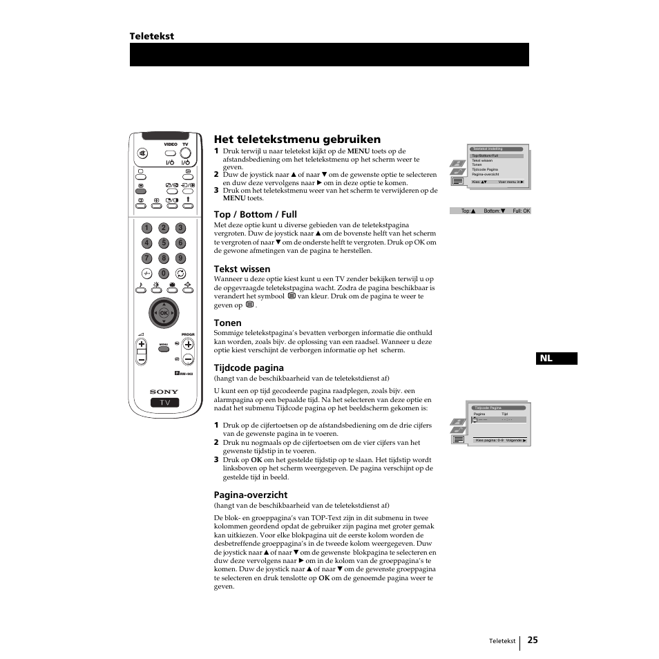 Het teletekstmenu gebruiken, 25 nl, Top / bottom / full | Tekst wissen, Tonen, Tijdcode pagina, Pagina-overzicht, Teletekst | Sony Grand Wega KF-50SX100 User Manual | Page 156 / 230