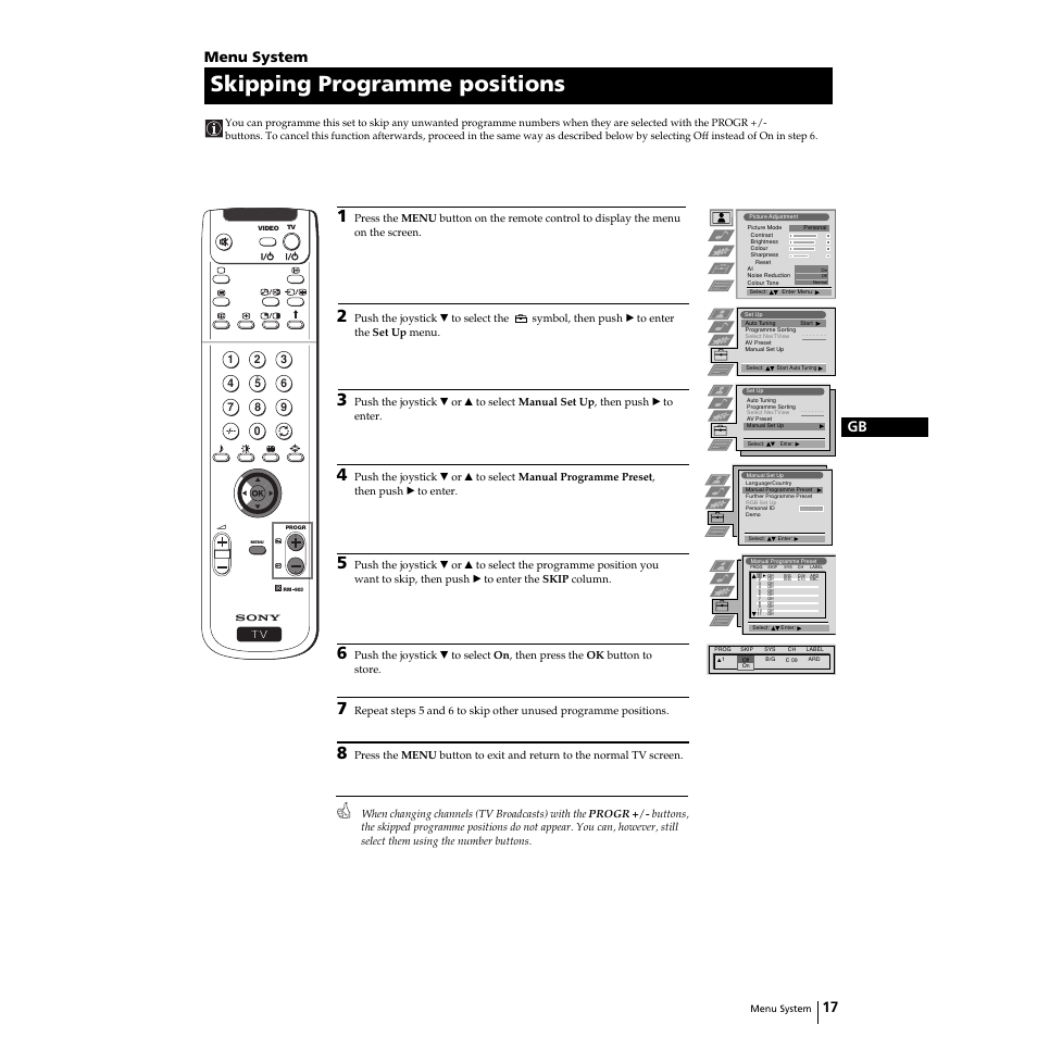 Skipping programme positions, 17 gb, Menu system | Sony Grand Wega KF-50SX100 User Manual | Page 16 / 230