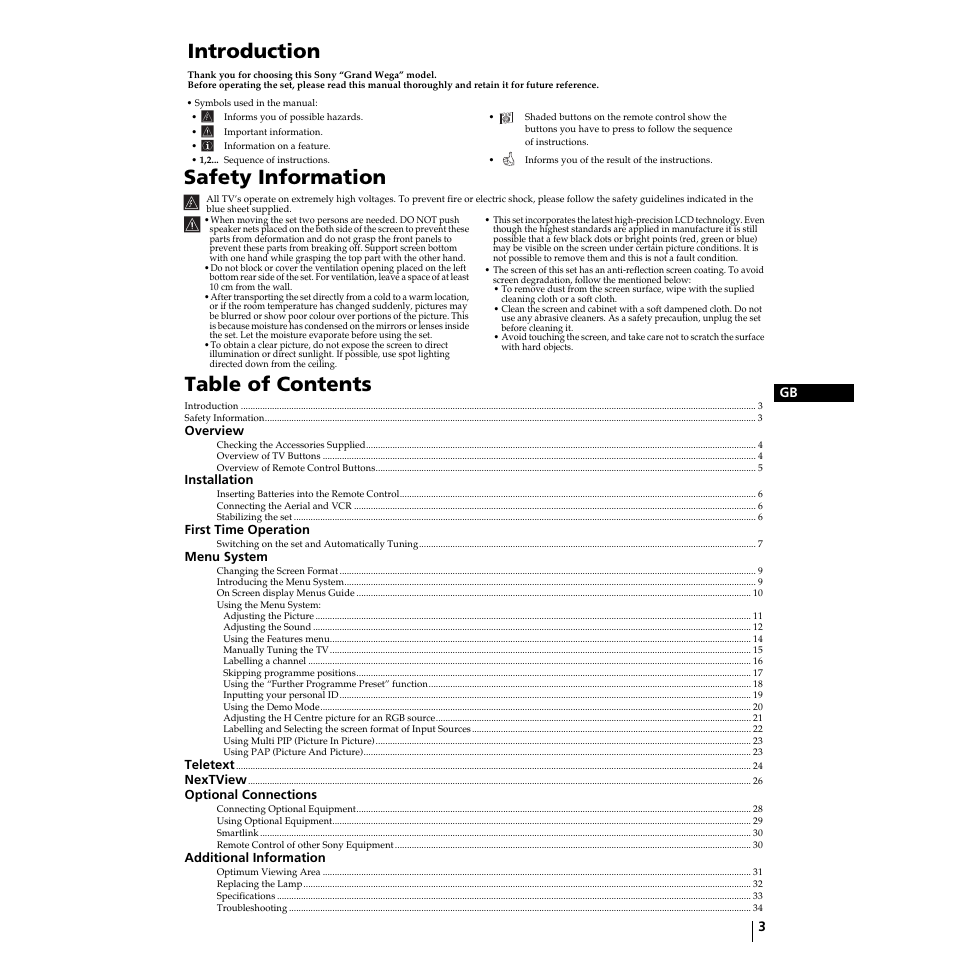 Sony Grand Wega KF-50SX100 User Manual | Page 2 / 230