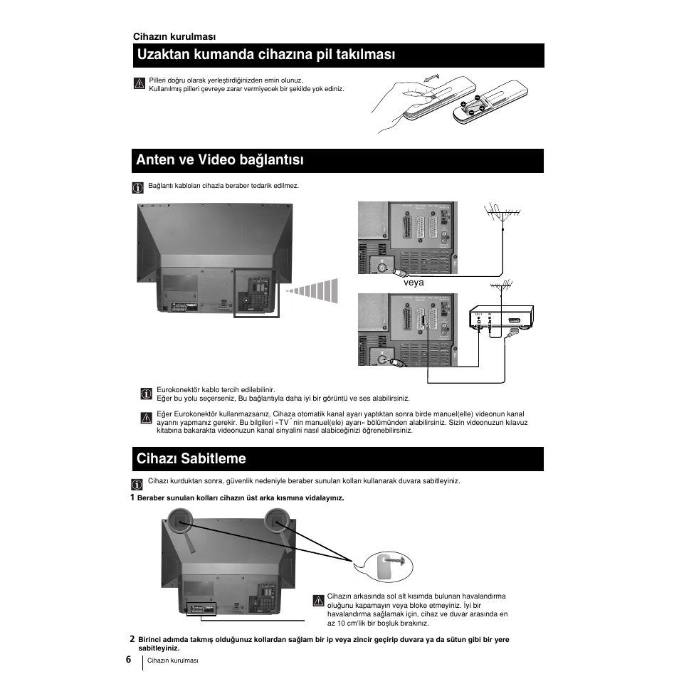 Uzaktan kumanda cihazwna pil takwlmasw, Anten ve video baqlantwsw, Cihazw sabitleme the set | Sony Grand Wega KF-50SX100 User Manual | Page 201 / 230