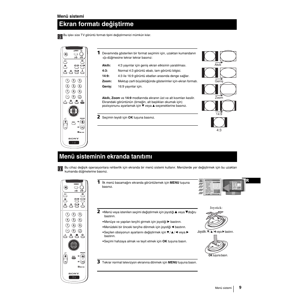 Ekran formatw deqixtirme, Menü sisteminin ekranda tanwtwmw, Menü sistemi | Sony Grand Wega KF-50SX100 User Manual | Page 204 / 230