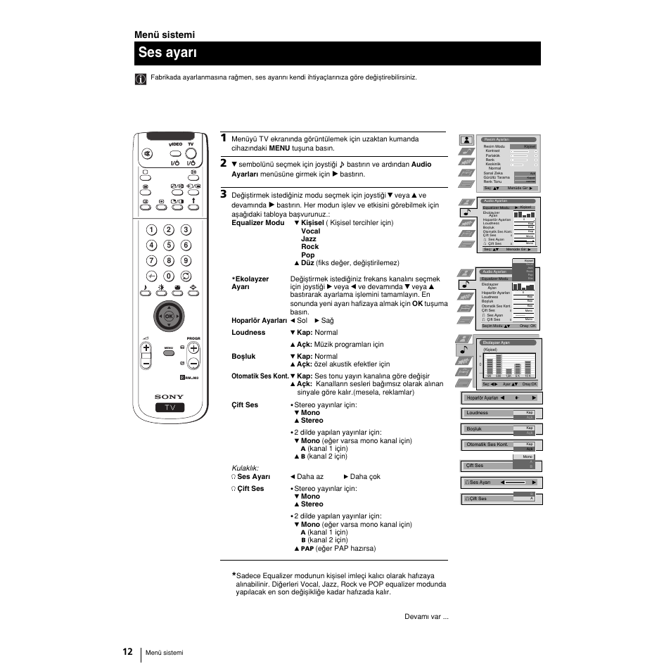 Ses ayarw, Menü sistemi | Sony Grand Wega KF-50SX100 User Manual | Page 207 / 230