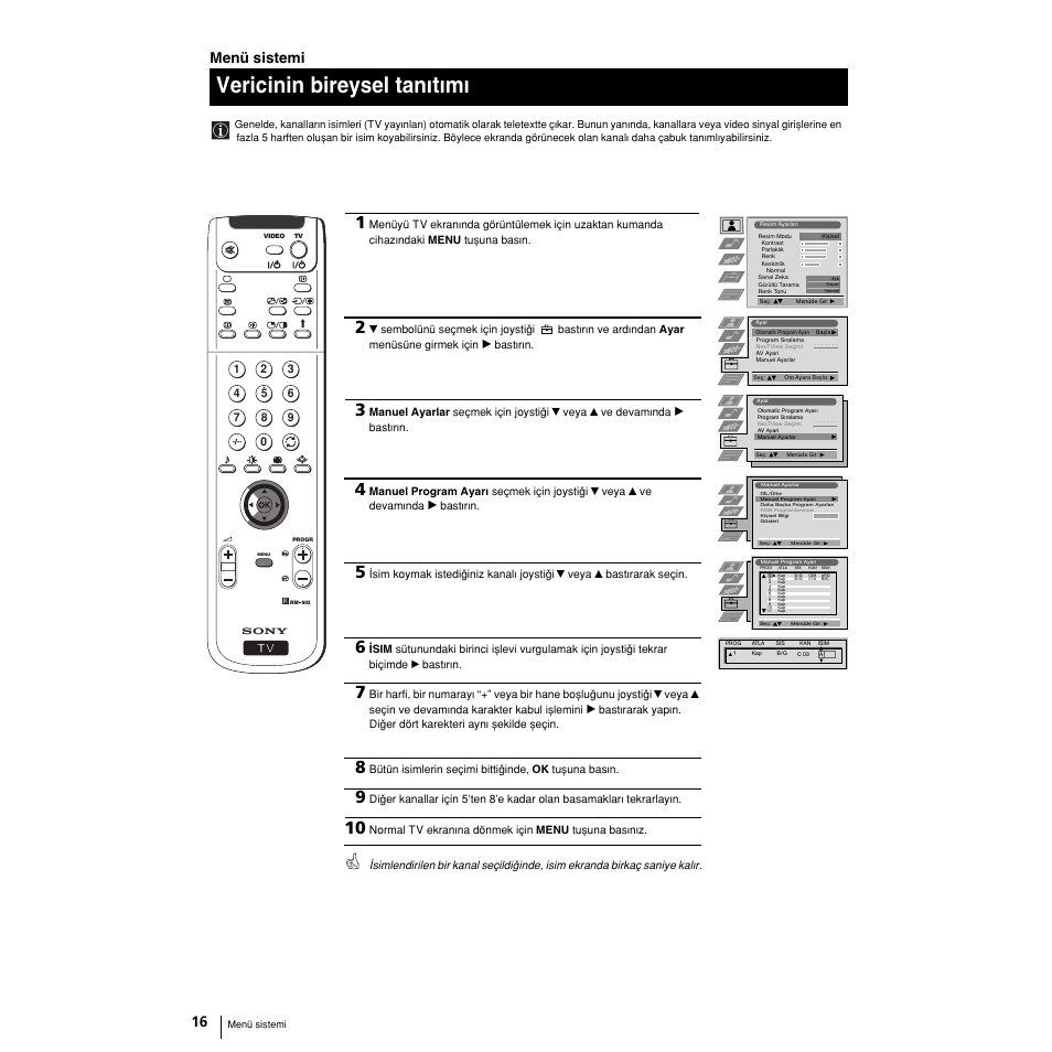 Vericinin bireysel tanwtwmw, Menü sistemi | Sony Grand Wega KF-50SX100 User Manual | Page 211 / 230