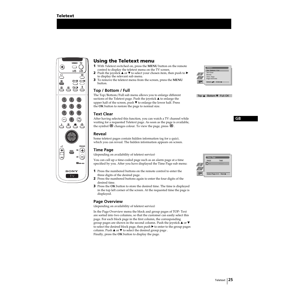 Using the teletext menu, 25 gb, Top / bottom / full | Text clear, Reveal, Time page, Page overview, Teletext | Sony Grand Wega KF-50SX100 User Manual | Page 24 / 230