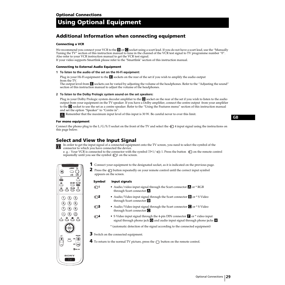 Using optional equipment, Additional information when connecting equipment, Select and view the input signal | Sony Grand Wega KF-50SX100 User Manual | Page 28 / 230