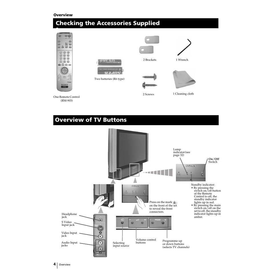 Overview of tv buttons, Checking the accessories supplied | Sony Grand Wega KF-50SX100 User Manual | Page 3 / 230