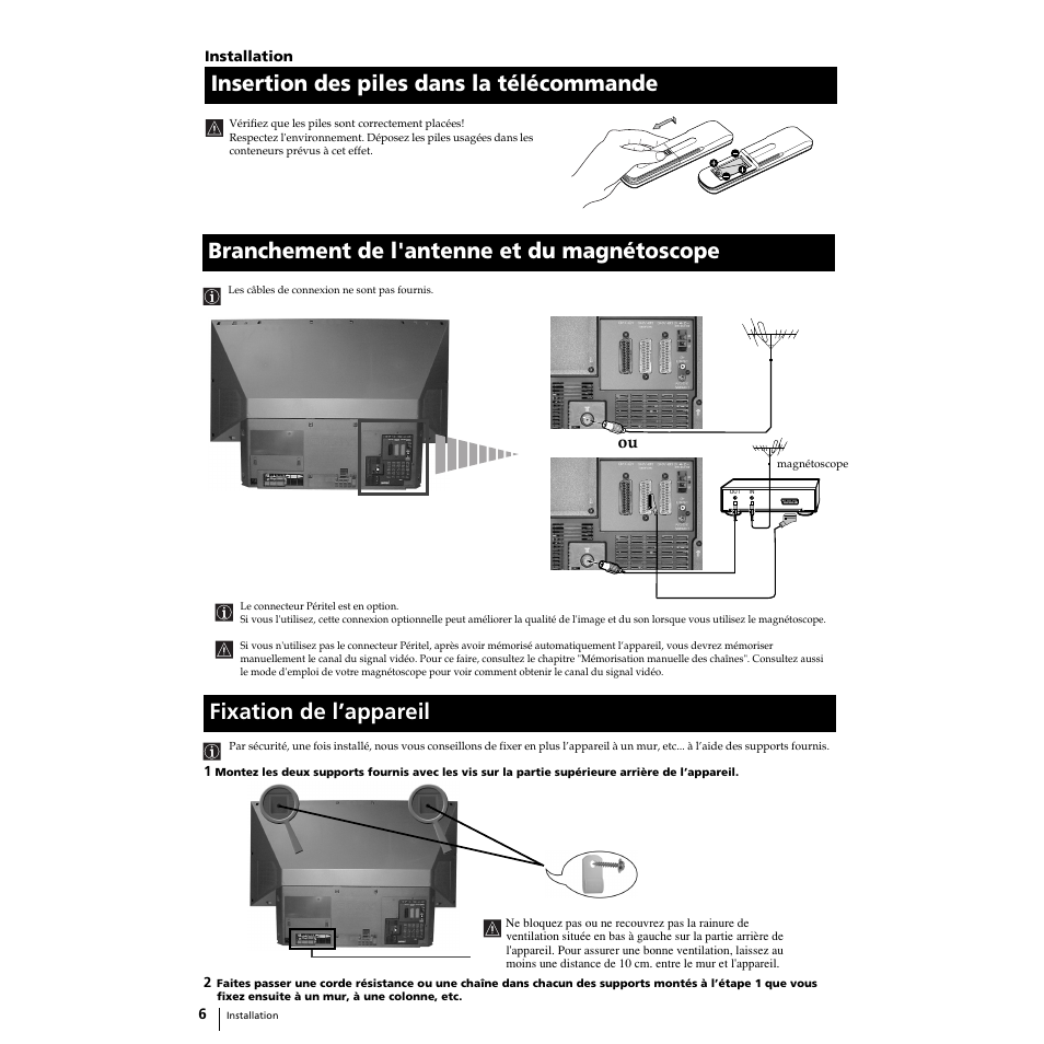 Insertion des piles dans la télécommande, Branchement de l'antenne et du magnétoscope, Fixation de l’appareil the set | Sony Grand Wega KF-50SX100 User Manual | Page 37 / 230