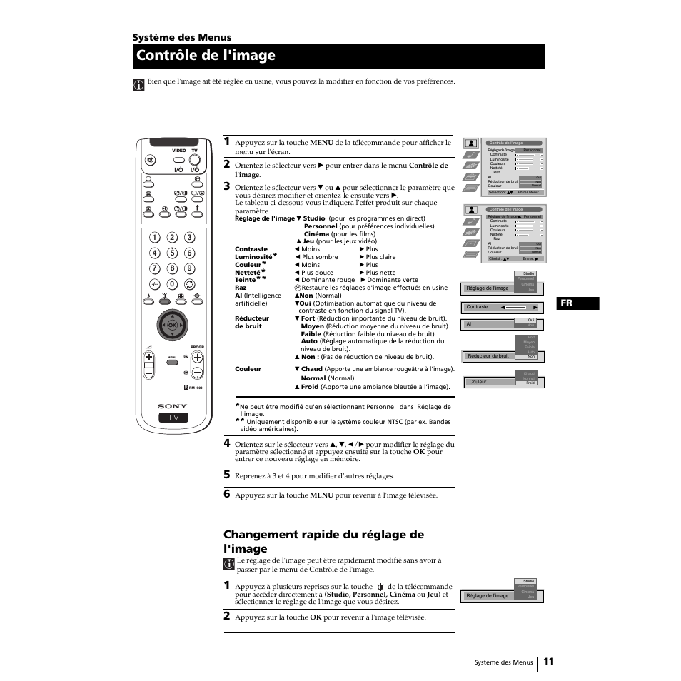 Contrôle de l'image, Changement rapide du réglage de l'image, 11 fr | Système des menus | Sony Grand Wega KF-50SX100 User Manual | Page 42 / 230