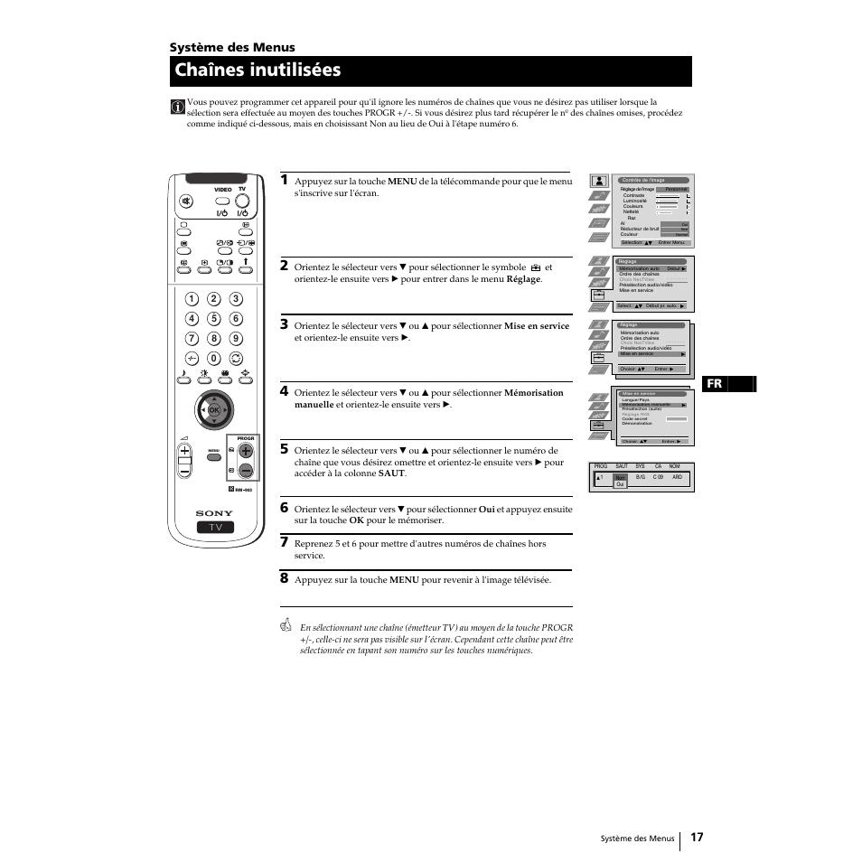 Chaînes inutilisées, 17 fr, Système des menus | Sony Grand Wega KF-50SX100 User Manual | Page 48 / 230