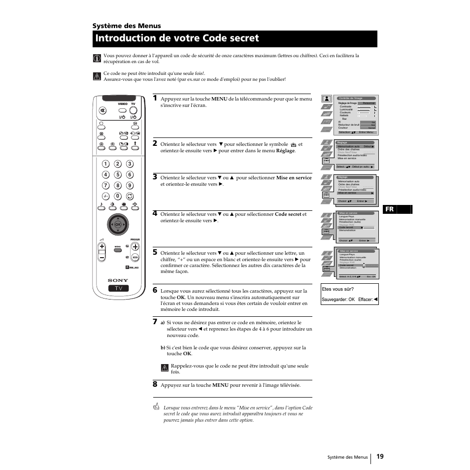 Introduction de votre code secret, 19 fr, Système des menus | Sony Grand Wega KF-50SX100 User Manual | Page 50 / 230