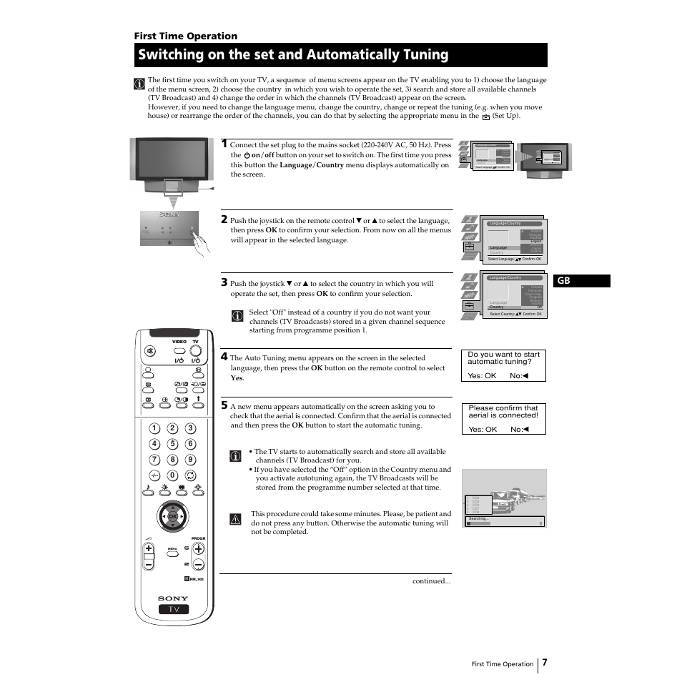 Switching on the set and automatically tuning, 7gb first time operation | Sony Grand Wega KF-50SX100 User Manual | Page 6 / 230