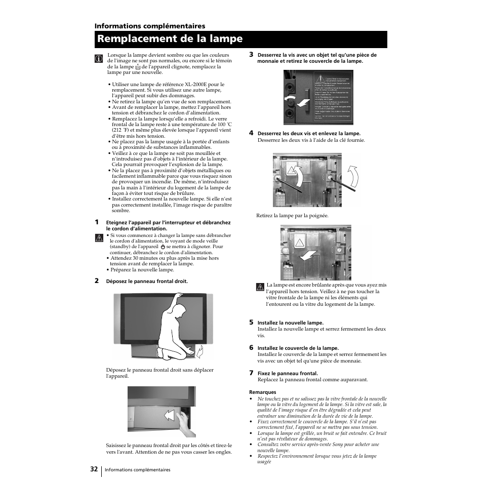 Remplacement de la lampe | Sony Grand Wega KF-50SX100 User Manual | Page 63 / 230