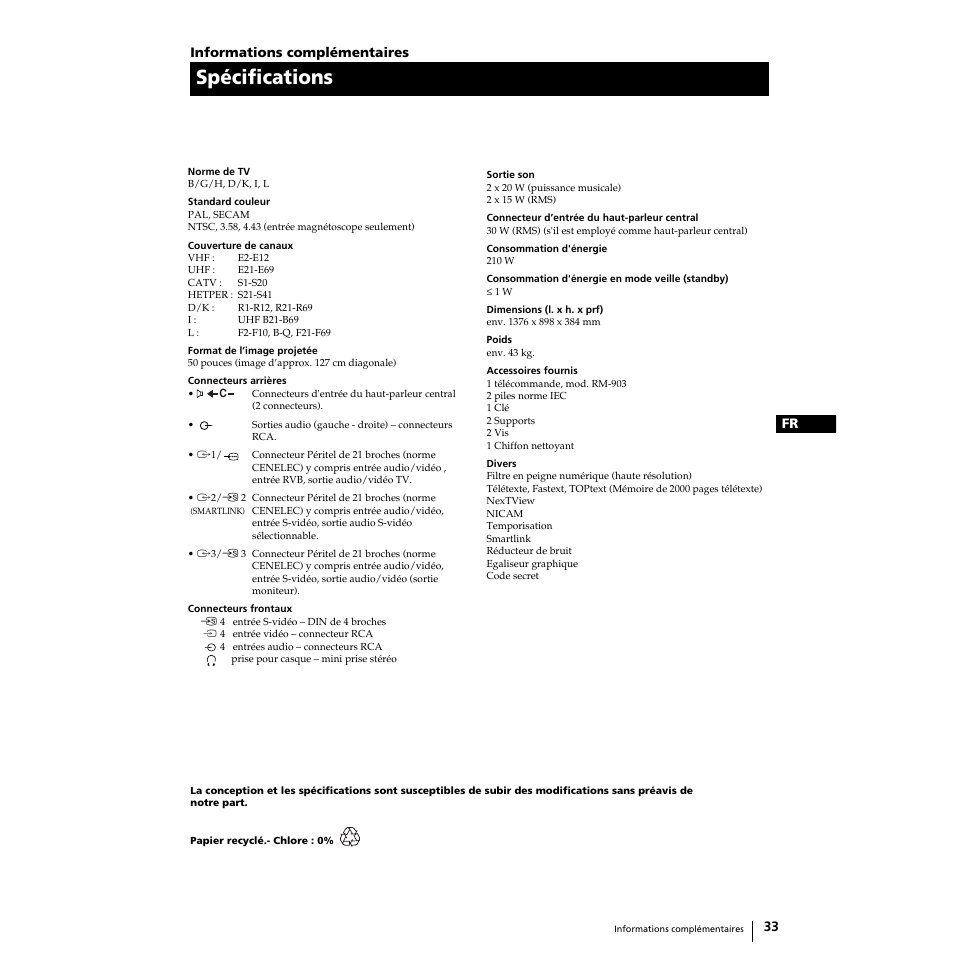 Spécifications | Sony Grand Wega KF-50SX100 User Manual | Page 64 / 230