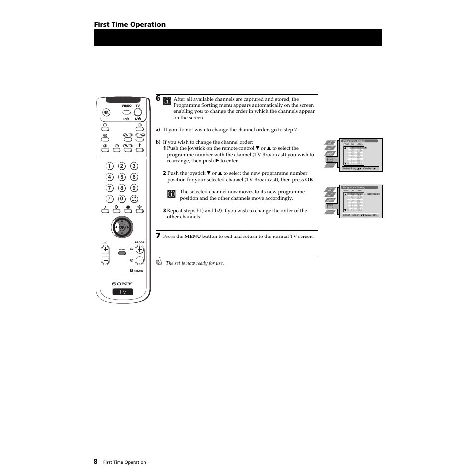 8first time operation | Sony Grand Wega KF-50SX100 User Manual | Page 7 / 230