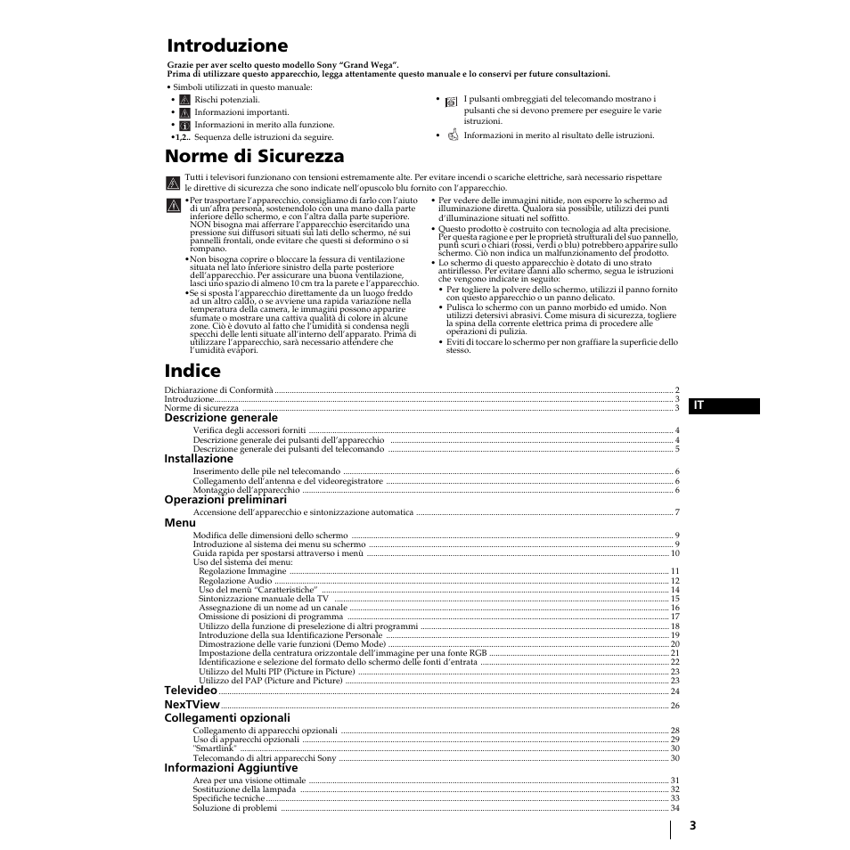 Introduzione, Norme di sicurezza, Indice | Menu k | Sony Grand Wega KF-50SX100 User Manual | Page 70 / 230