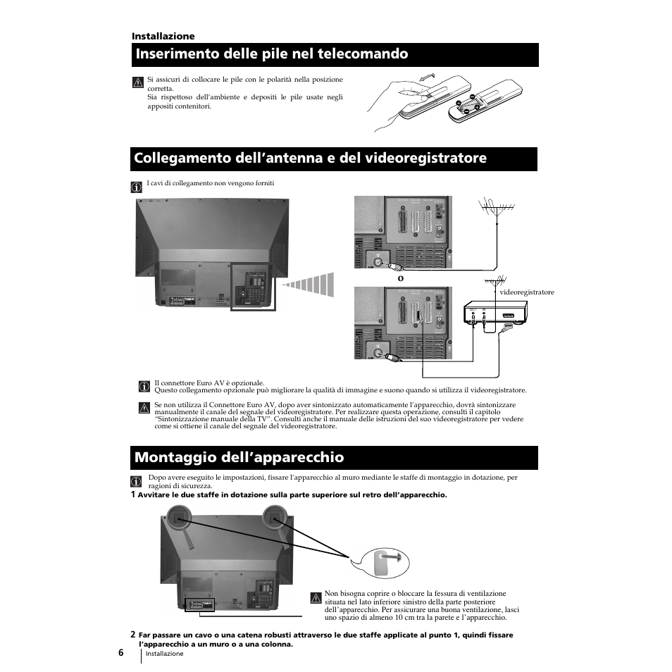 Inserimento delle pile nel telecomando, Collegamento dell’antenna e del videoregistratore, Montaggio dell’apparecchio the set | Sony Grand Wega KF-50SX100 User Manual | Page 73 / 230