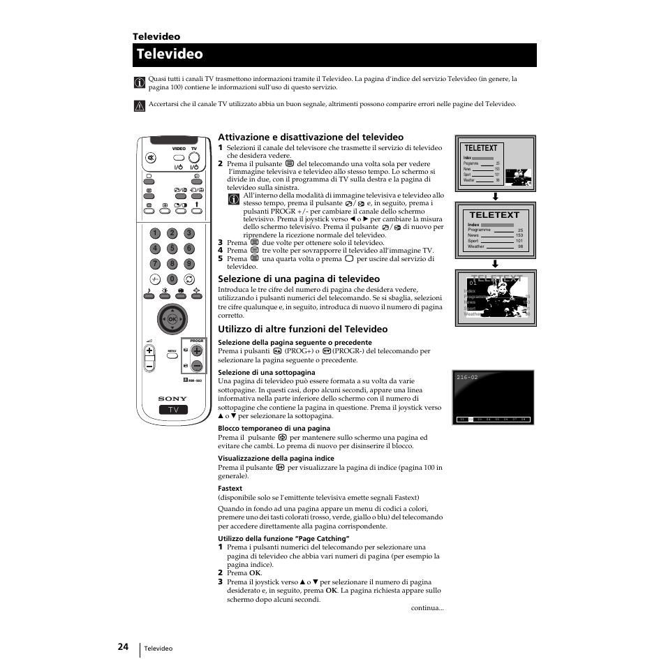 Televideo, Attivazione e disattivazione del televideo, Selezione di una pagina di televideo | Utilizzo di altre funzioni del televideo | Sony Grand Wega KF-50SX100 User Manual | Page 91 / 230