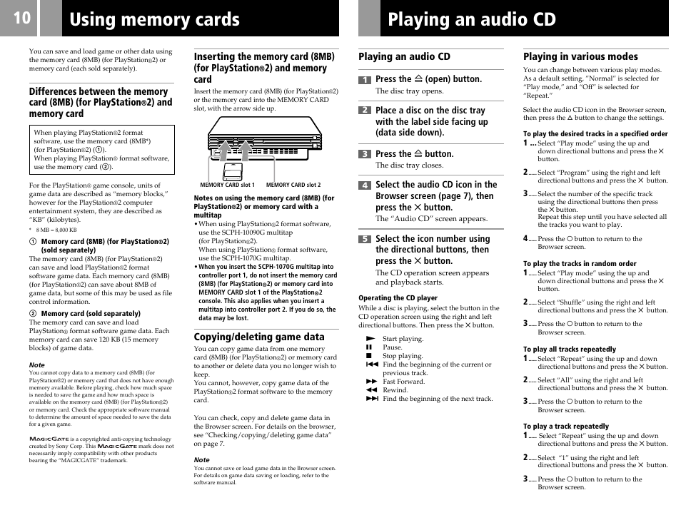 Playing an audio cd, Copying/deleting game data, Playing in various modes | Sony SCPH-30006 R User Manual | Page 10 / 44