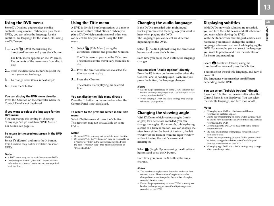 Changing the audio language, Changing the viewing angle, Displaying subtitles | Using the dvd menu, Using the title menu | Sony SCPH-30006 R User Manual | Page 13 / 44