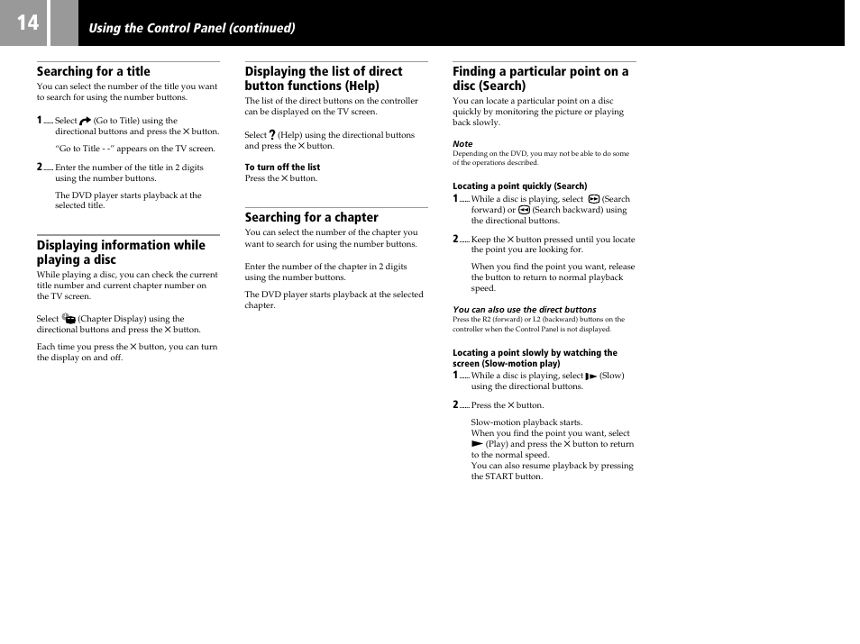 Searching for a title, Displaying information while playing a disc, Searching for a chapter | Finding a particular point on a disc (search), Using the control panel (continued) | Sony SCPH-30006 R User Manual | Page 14 / 44