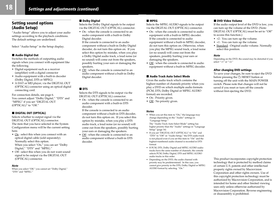 Setting sound options (audio setup), Settings and adjustments (continued) | Sony SCPH-30006 R User Manual | Page 18 / 44