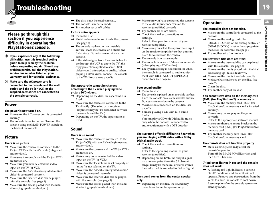 Troubleshooting, 2 console, Power | Picture, Sound, Operation | Sony SCPH-30006 R User Manual | Page 19 / 44