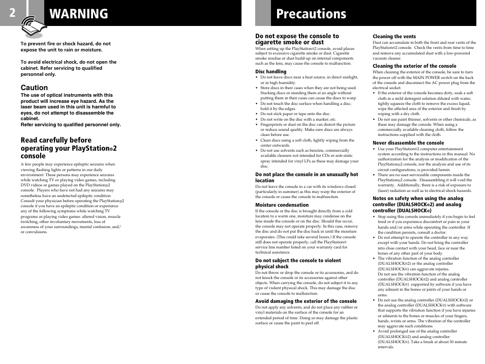 Warning, Precautions, Caution | Read carefully before operating your playstation, 2console | Sony SCPH-30006 R User Manual | Page 2 / 44