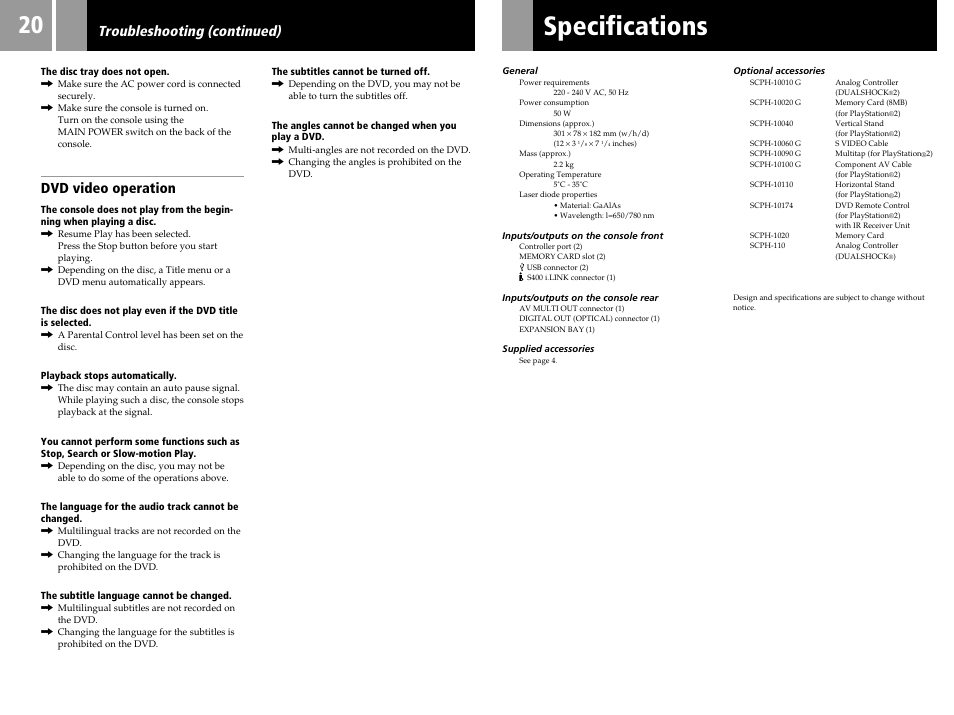 Specifications, Dvd video operation, Troubleshooting (continued) | Sony SCPH-30006 R User Manual | Page 20 / 44