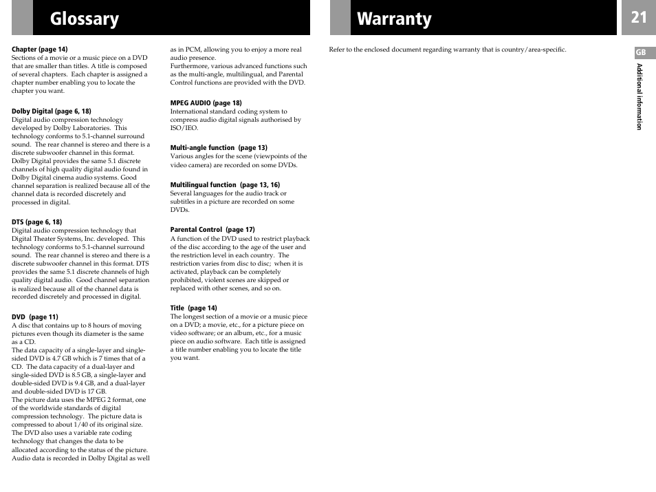 Warranty glossary | Sony SCPH-30006 R User Manual | Page 21 / 44