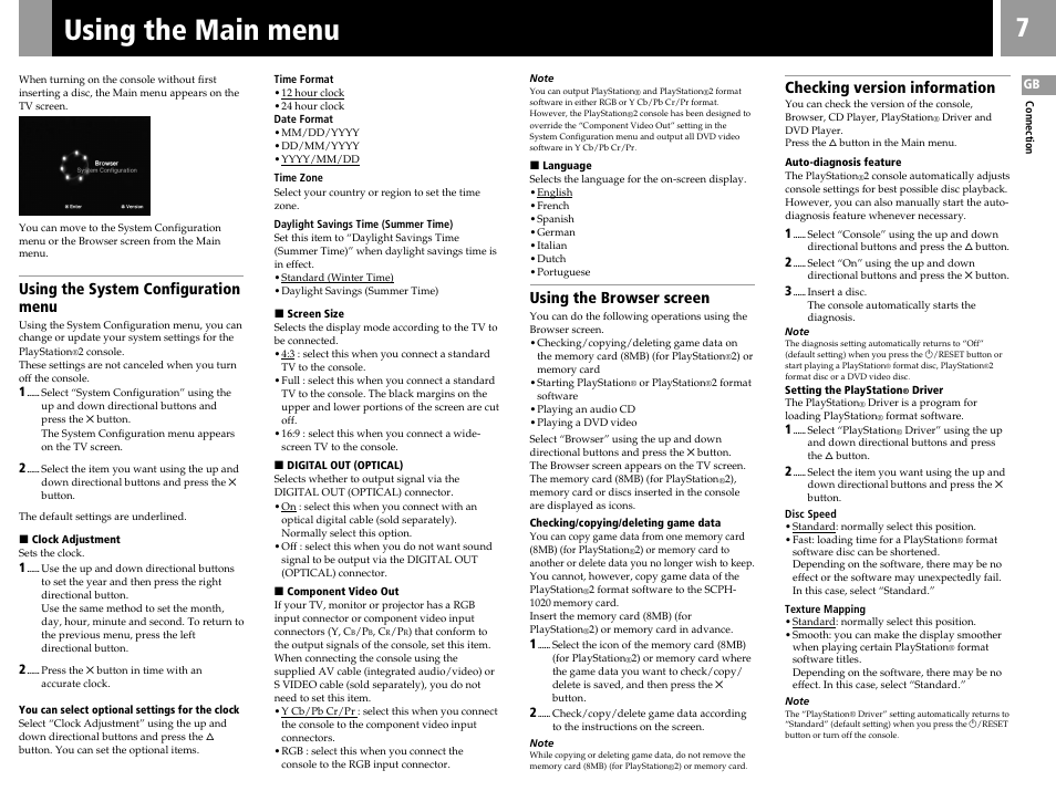 Using the main menu, Using the system configuration menu, Using the browser screen | Checking version information | Sony SCPH-30006 R User Manual | Page 7 / 44