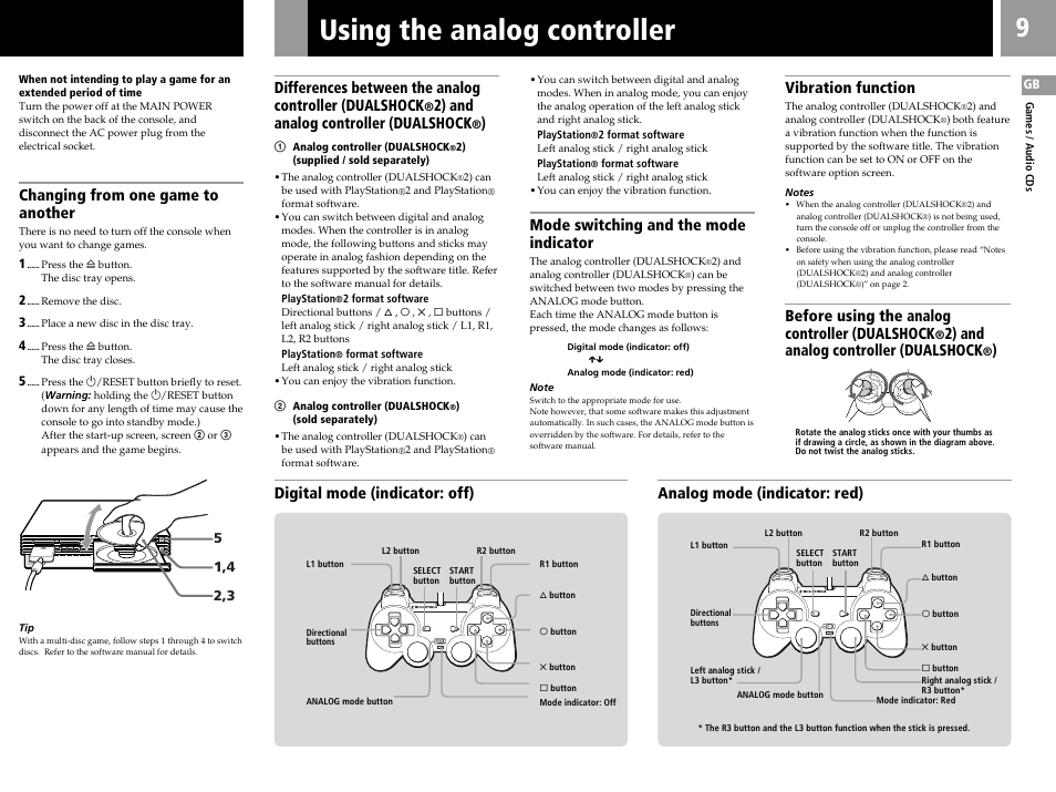 Using the analog controller, Changing from one game to another, 2) and analog controller (dualshock | Mode switching and the mode indicator, Vibration function, Before using the analog controller (dualshock | Sony SCPH-30006 R User Manual | Page 9 / 44