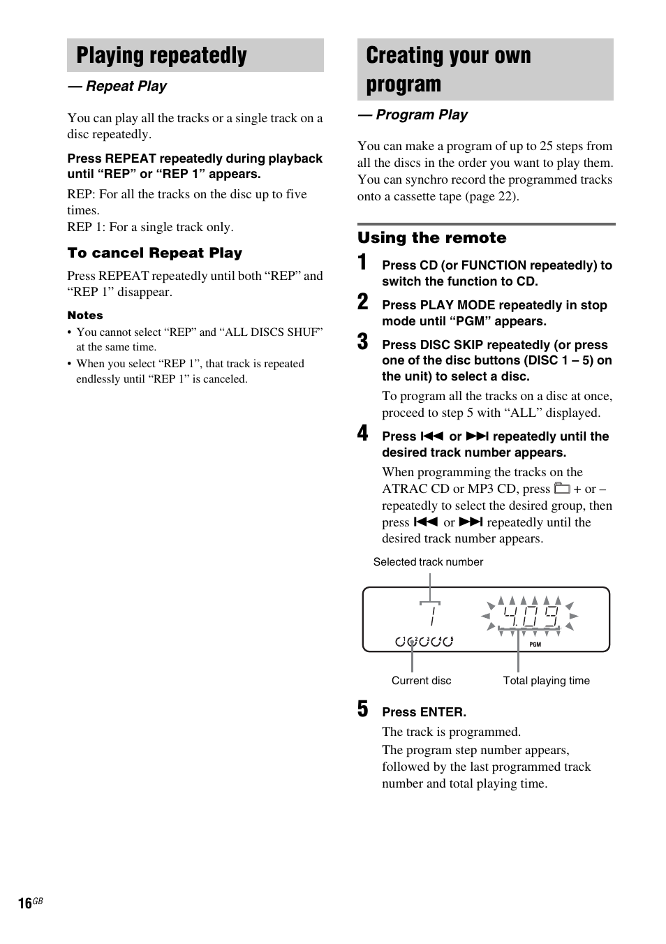 Playing repeatedly, Repeat play, Creating your own program | Program play | Sony CMT HPZ7 User Manual | Page 16 / 40