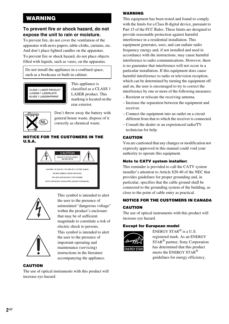 Warning | Sony CMT HPZ7 User Manual | Page 2 / 40