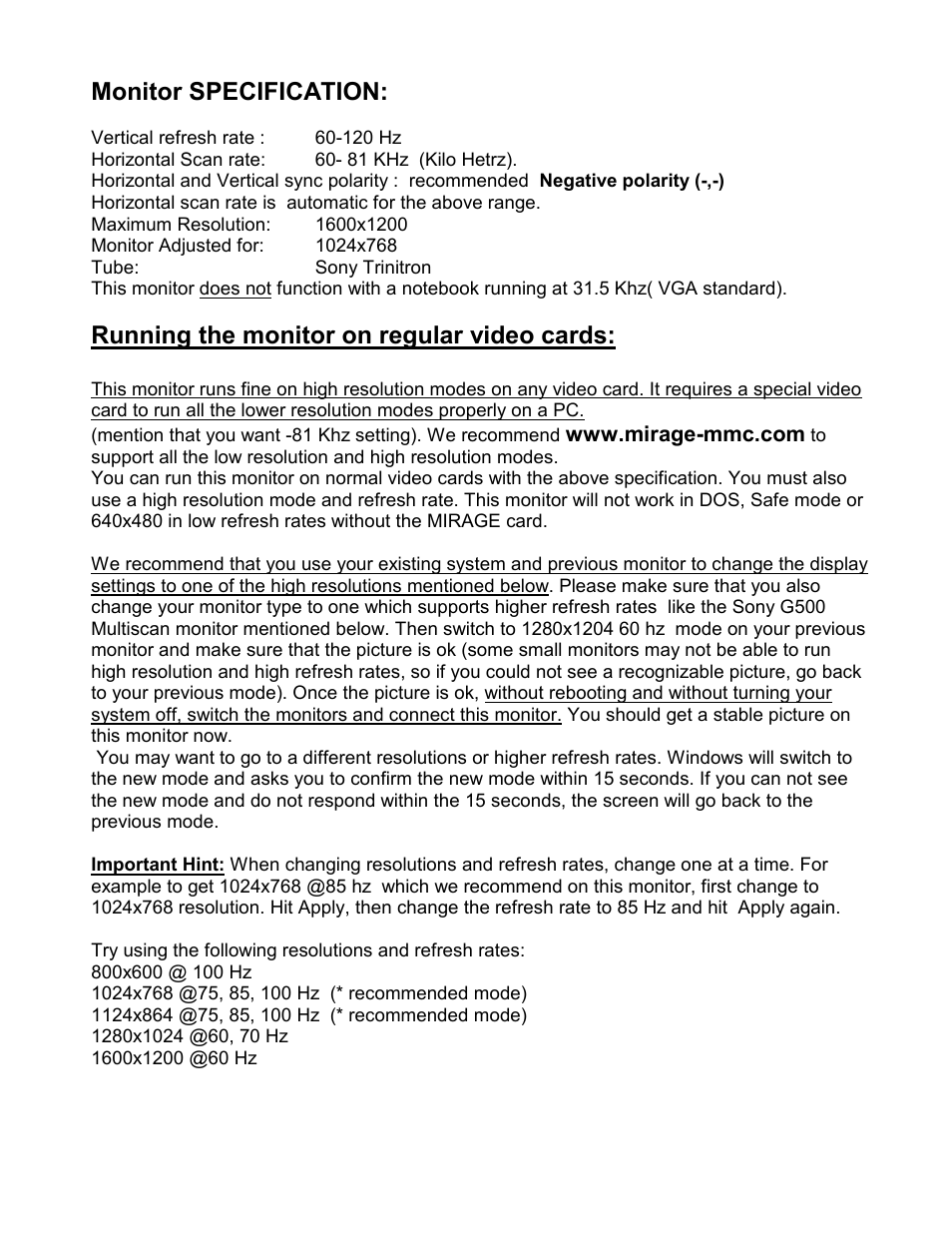 Monitor specification, Running the monitor on regular video cards | Sony GDM-20D10-15 User Manual | Page 3 / 4
