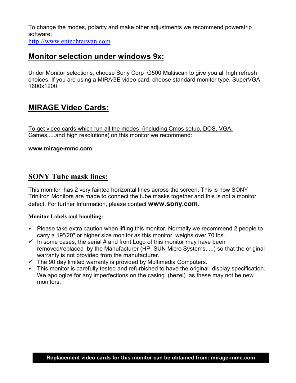 Monitor selection under windows 9x, Mirage video cards, Sony tube mask lines | Sony GDM-20D10-15 User Manual | Page 4 / 4