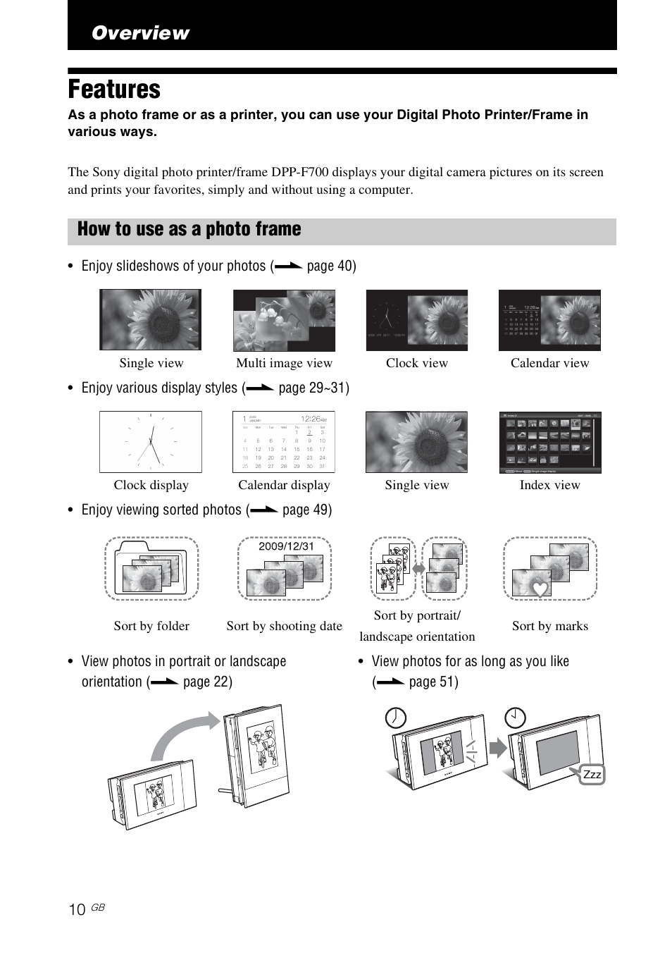 Overview, Features, How to use as a photo frame | Notice for users | Sony S-Frame 4-155-700-17 (1) User Manual | Page 10 / 110