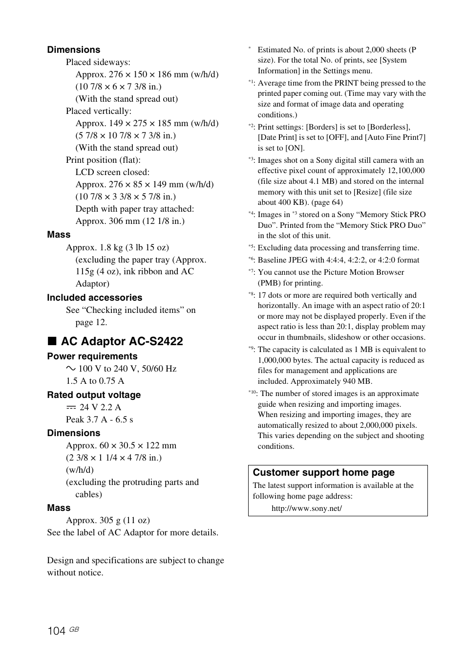 X ac adaptor ac-s2422, Customer support home page | Sony S-Frame 4-155-700-17 (1) User Manual | Page 104 / 110