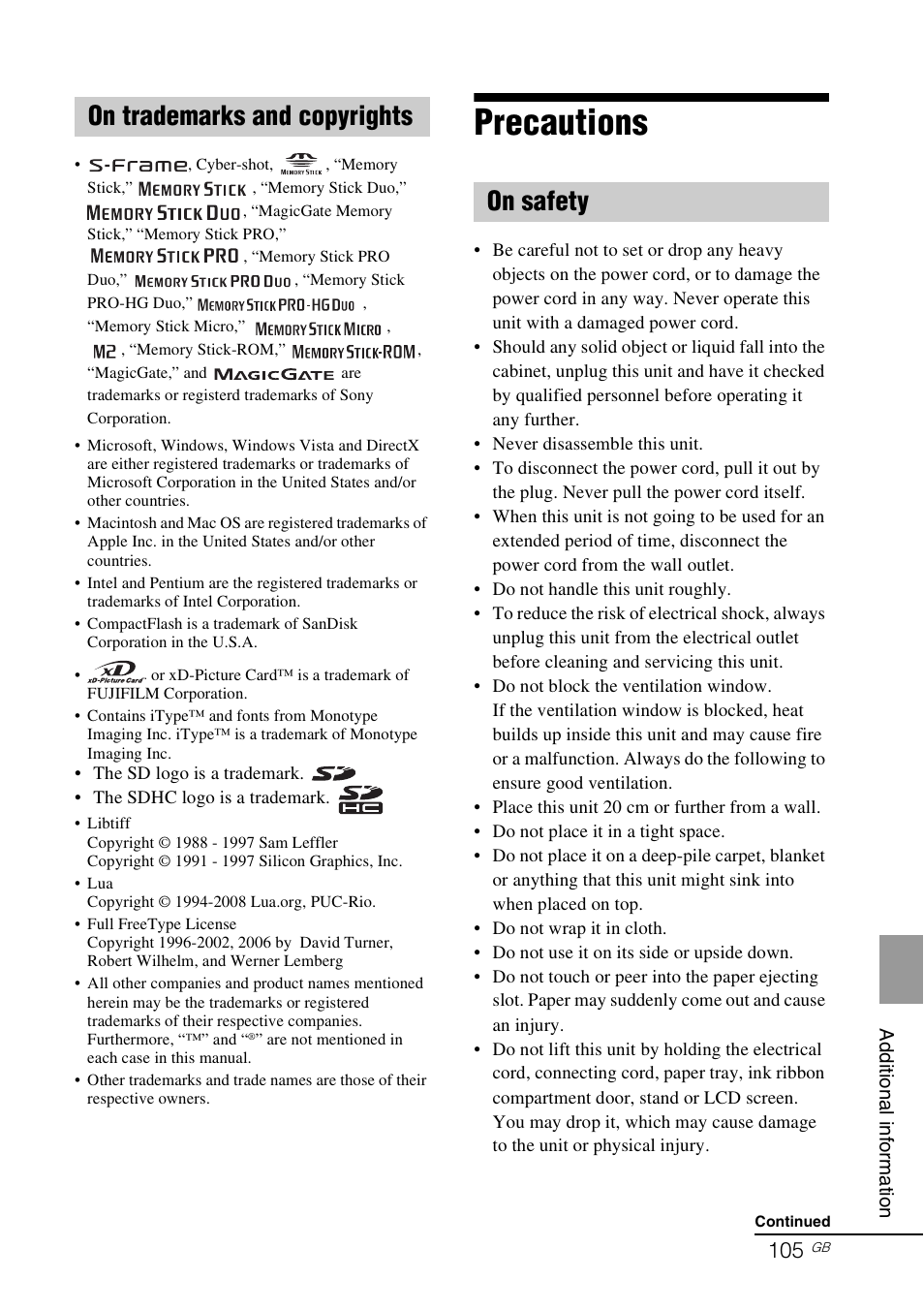 On trademarks and copyrights, Precautions, On safety | On trademarks and copyrights on safety | Sony S-Frame 4-155-700-17 (1) User Manual | Page 105 / 110