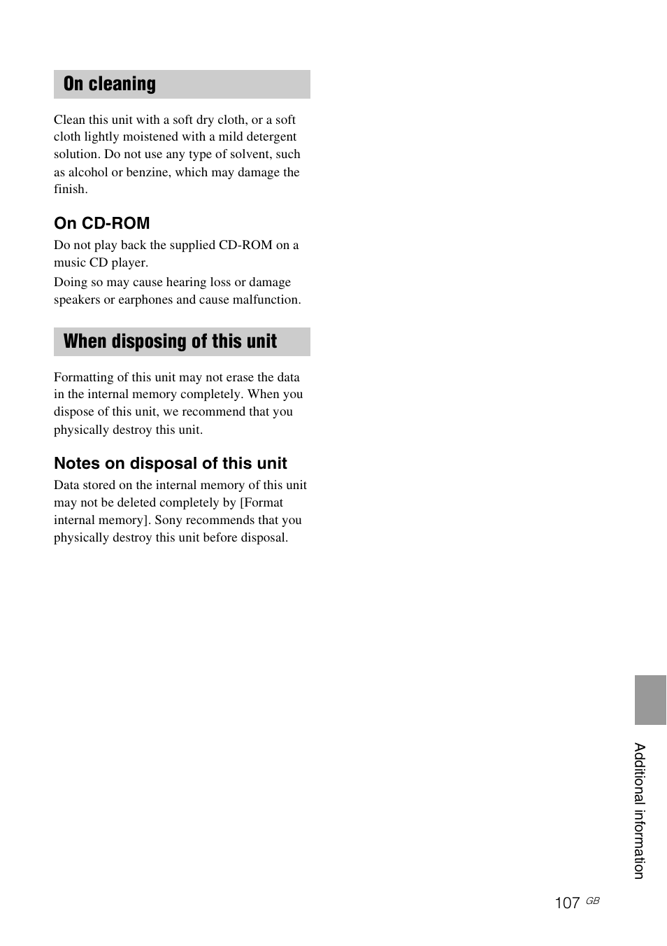 On cleaning, When disposing of this unit, On cleaning when disposing of this unit | Sony S-Frame 4-155-700-17 (1) User Manual | Page 107 / 110