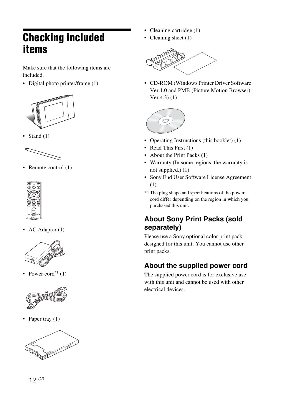 Checking included items, About sony print packs (sold separately), About the supplied power cord | Sony S-Frame 4-155-700-17 (1) User Manual | Page 12 / 110