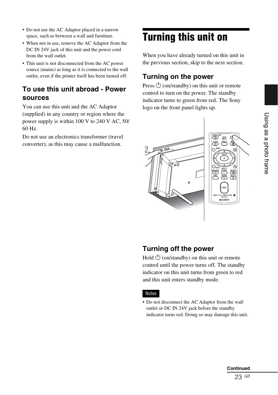 Turning this unit on, Turning on the power, Turning off the power | Sony S-Frame 4-155-700-17 (1) User Manual | Page 23 / 110