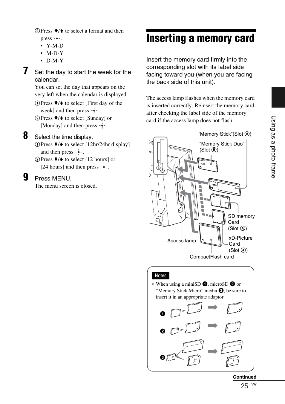 Inserting a memory card, Ge 25 | Sony S-Frame 4-155-700-17 (1) User Manual | Page 25 / 110