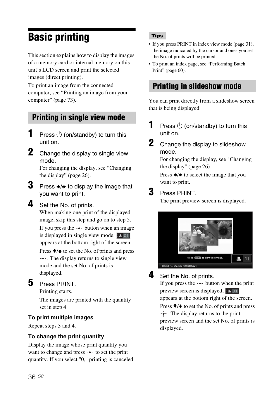 Basic printing, Printing in single view mode, Printing in slideshow mode | Sony S-Frame 4-155-700-17 (1) User Manual | Page 36 / 110