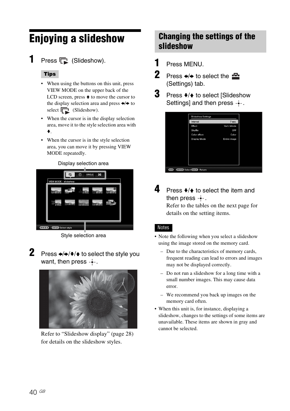 Enjoying a slideshow, Changing the settings of the slideshow | Sony S-Frame 4-155-700-17 (1) User Manual | Page 40 / 110