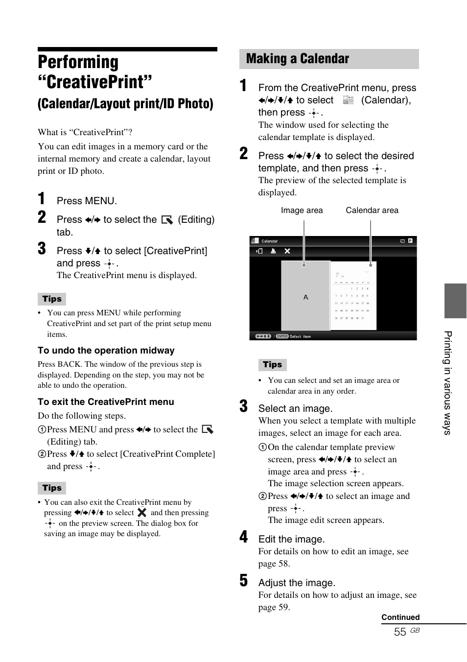 Making a calendar, Performing “creativeprint, Calendar/layout print/id photo) | Sony S-Frame 4-155-700-17 (1) User Manual | Page 55 / 110