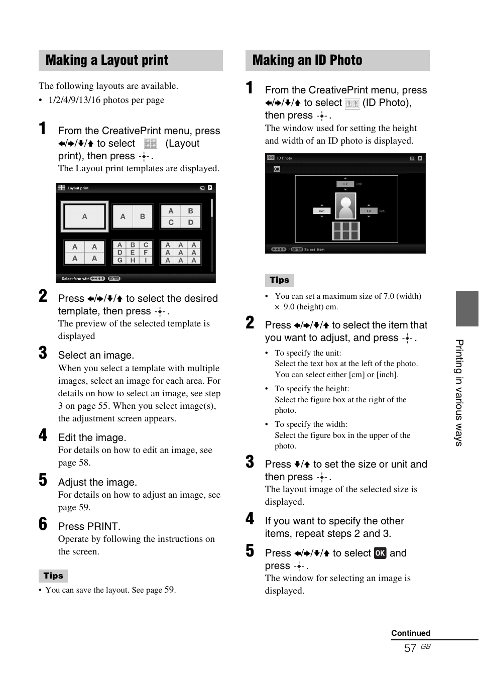 Making a layout print, Making an id photo, Making a layout print making an id photo | Sony S-Frame 4-155-700-17 (1) User Manual | Page 57 / 110